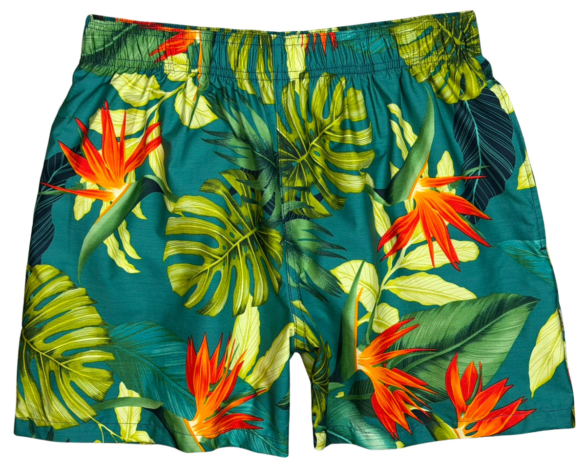 Paradise Found UNLINED | 100% Natural Cotton | M's ELASTIC Waist Swim Trunks | 3 Lengths