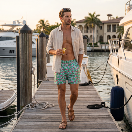 Flocking Paradise WITH Mesh Brief | 100% Natural Cotton | M's ELASTIC Waist Swim Trunks | 3 Lengths