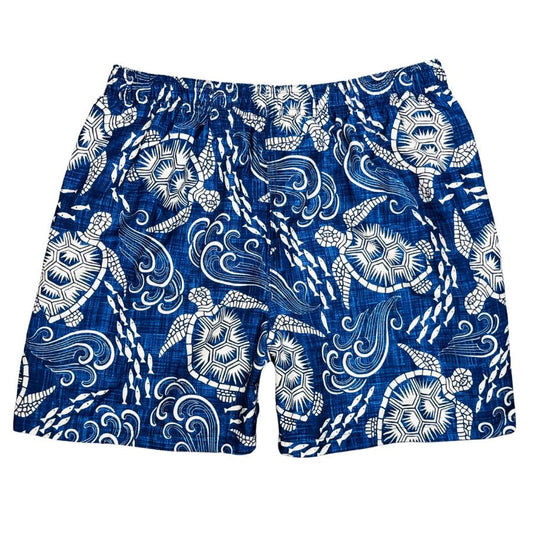 Honu UNLINED | 100% Natural Cotton | M's ELASTIC Waist Swim Trunks | Retro Short Length